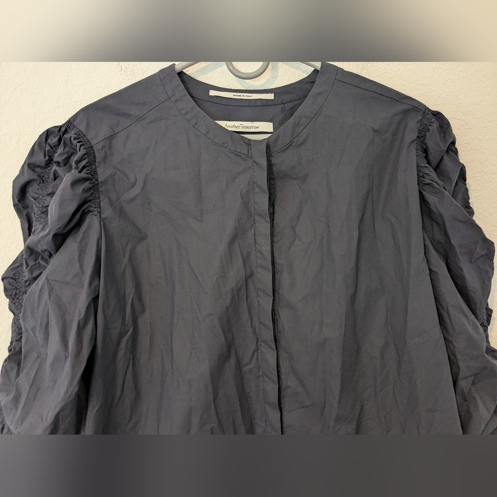 Another Tomorrow Navy Blue Poplin Cotton Shirred Puff Sleeve Button-Up Blouse XL - Picture 7 of 12